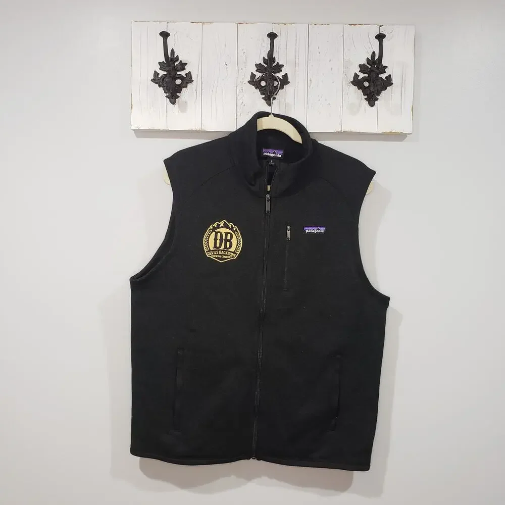 Patagonia Better Sweater Vest Mens L Black Devils Backbone Brewing Logo Fleece